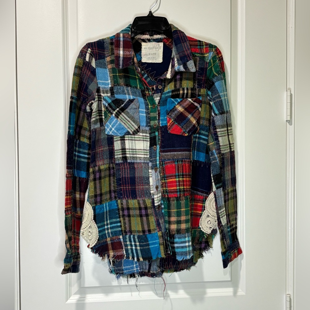 We The Free Lost In Plaid Flannel Patchwork Button Up Shirt Size Extra Small